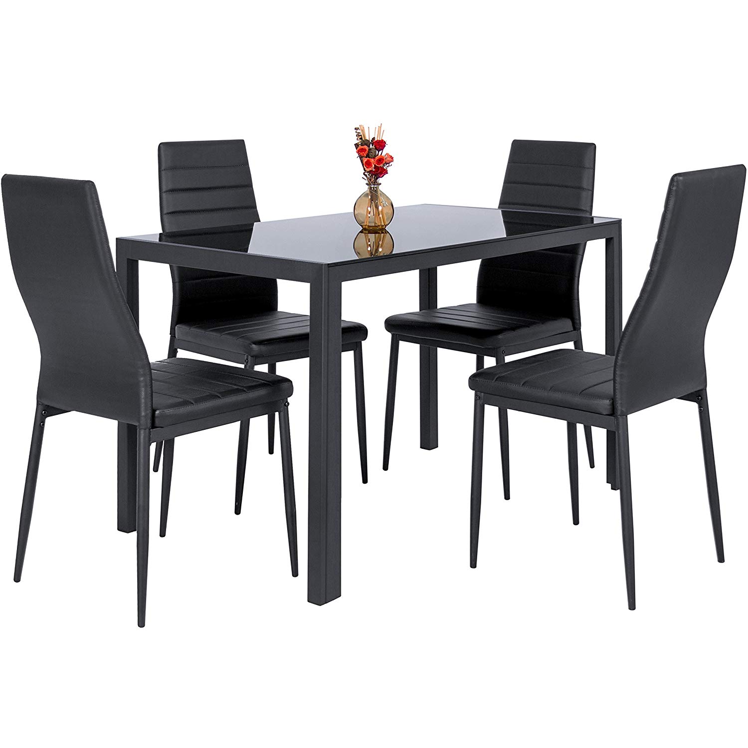 Traveller Location - Best Choice Products 5 Piece Kitchen Dining Table Set W/Glass  Top and 4 Leather Chairs Dinette - Black - Table & Chair Sets
