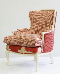 Mixing fabric patterns on upholstered chair. Metal Outdoor Chairs, Upholstered  Furniture, Painted Furniture