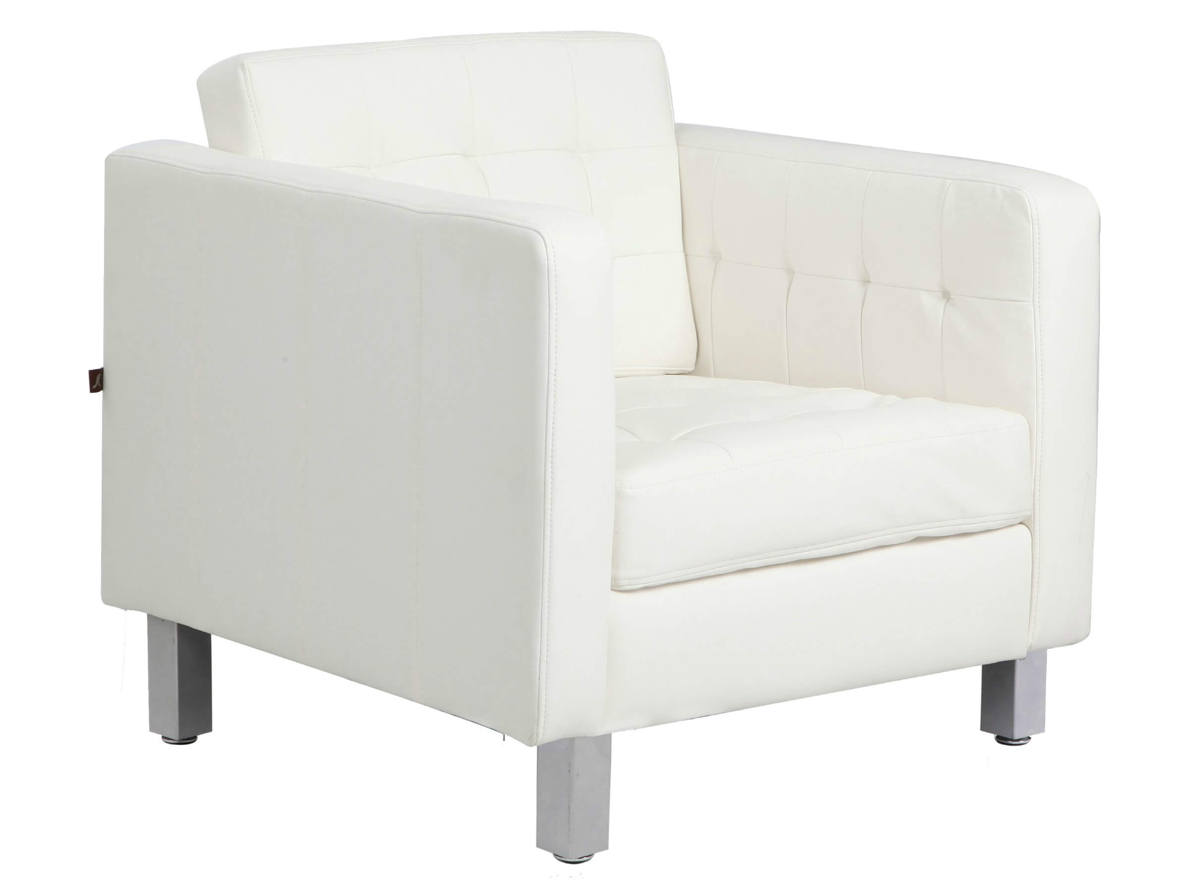 Buttoned, bonded white leather design of this Rissanti accent chair holds  wide, comfortable cushion .