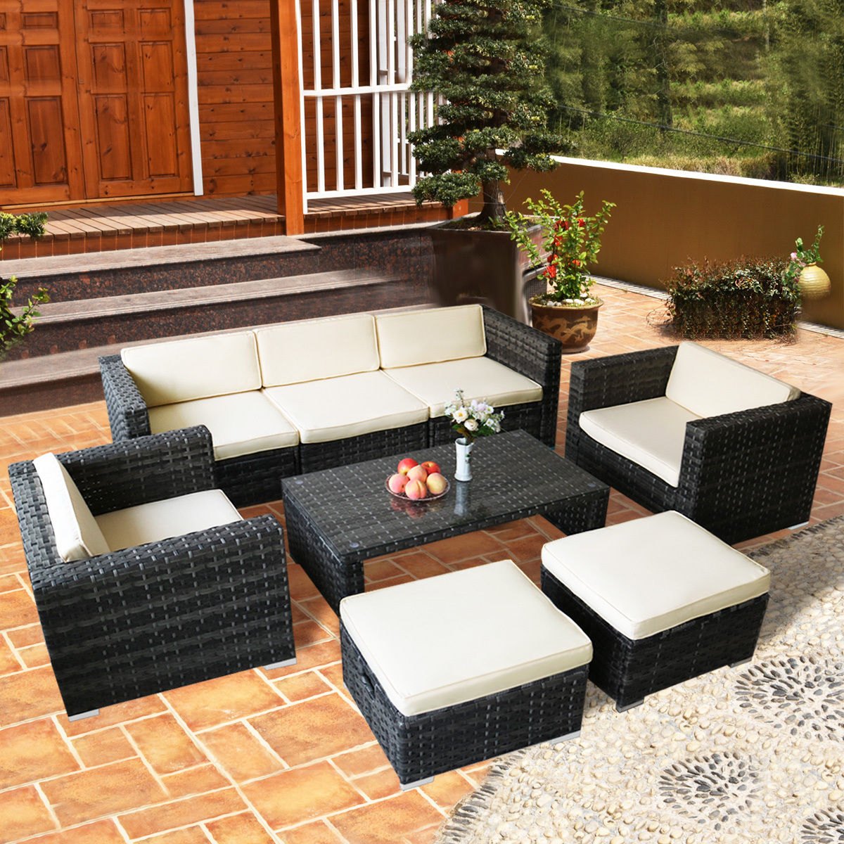 Costway 8 PCS Rattan Wicker Patio Furniture Set Sectional Cushioned Ottoman  Sofa Garden 0