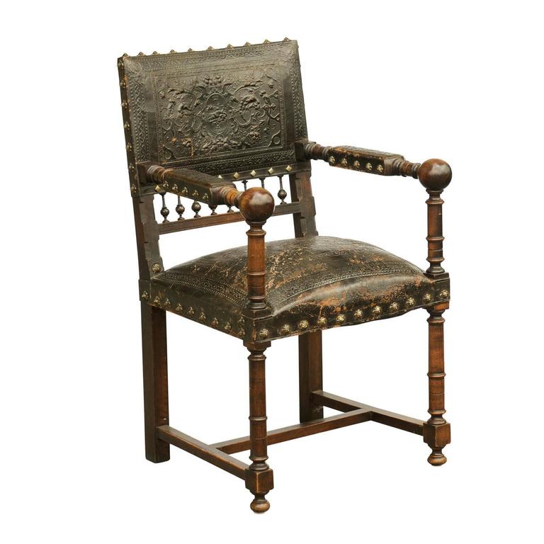 French 19th Century Embossed Leather Upholstered Wooden Armchair with Open  Arms For Sale
