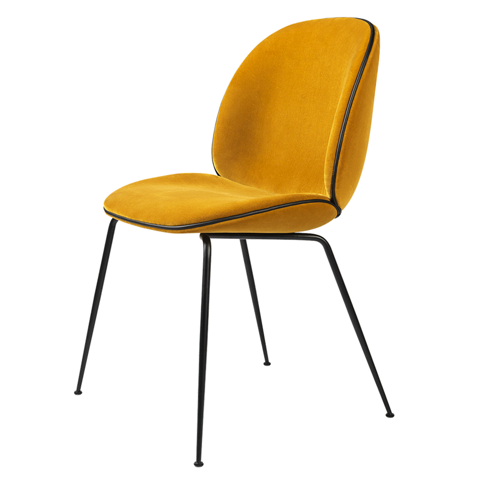 Beetle Upholstered Dining Chair - Yellow Velvet, Black Leather Piping,  Black Legs