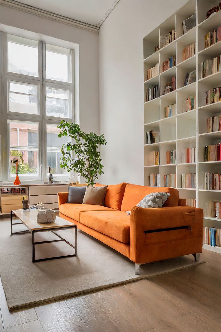 Modern living room | Bright Orange Accent | Home Decor Inspo  Modern living room design with bright orange accent for home decor inspiration