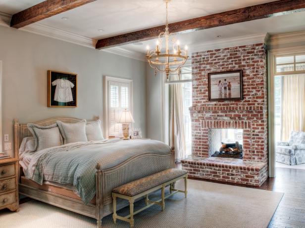 Country style bedroom gray country bedroom with brick fireplace ZHLDVXI