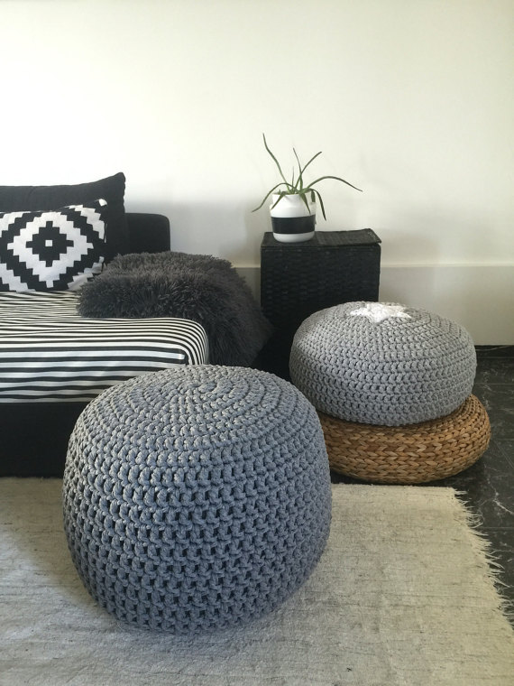 grey crochet pouf ottoman- nursery foot stool pouf- furniture | looping home CZXJOYX