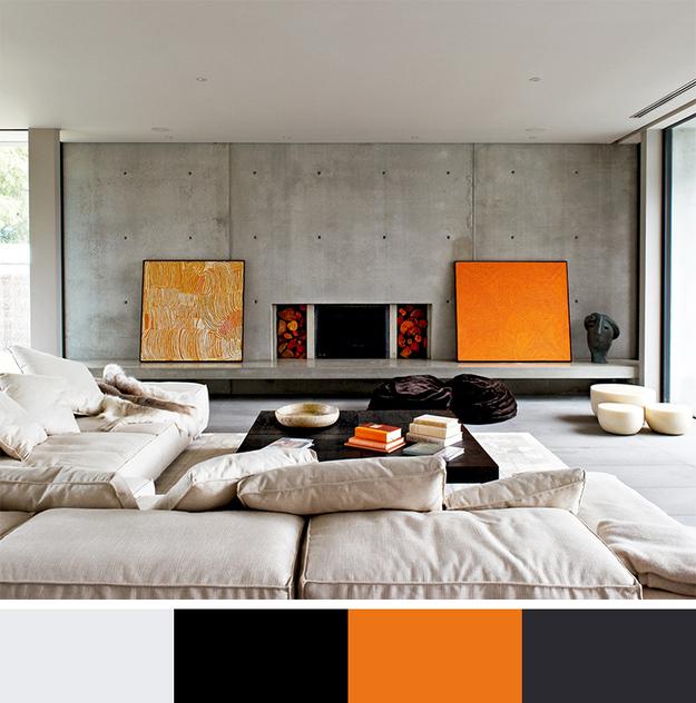 Interior design with colors orange color with black, gray and beige neutral colors FQPCOMP