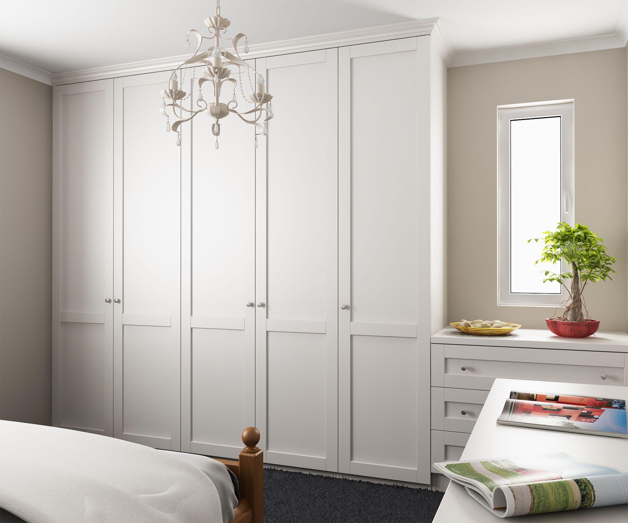 Hinged-door wardrobes pine painted white tall wardrobes along left wall, dressing table/drawers with mirror over,  betweenu2026 TUFHZKX