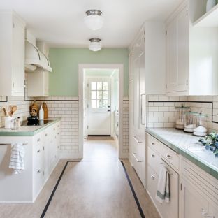 Mint Green kitchen traditional kitchen ideas - example of a classic galley kitchen design in VSQTPDQ
