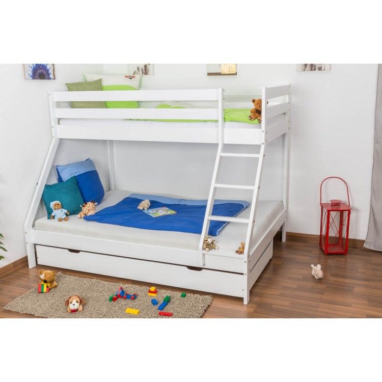 Slatted frames 90×200 triple sleeper bunk bed lukas, solid beech wood, white painted, slatted  frames QZYVPFO