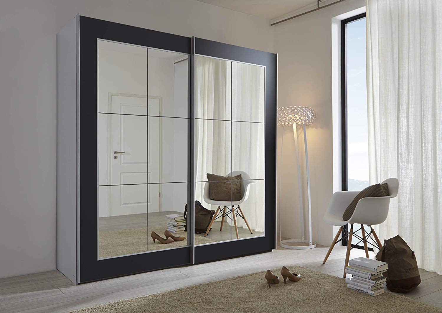 Sliding door wardrobes with mirror schlafzimmer lattice: black sliding door wardrobe with mirror - 202cm or  301cm STFEIRJ