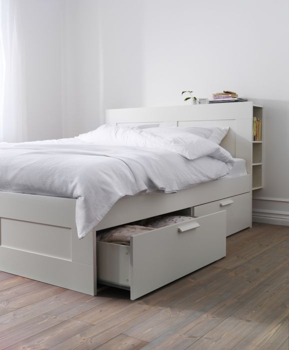A bed with storage, like BRIMNES, helps maximize the storage space in your  bedroom.