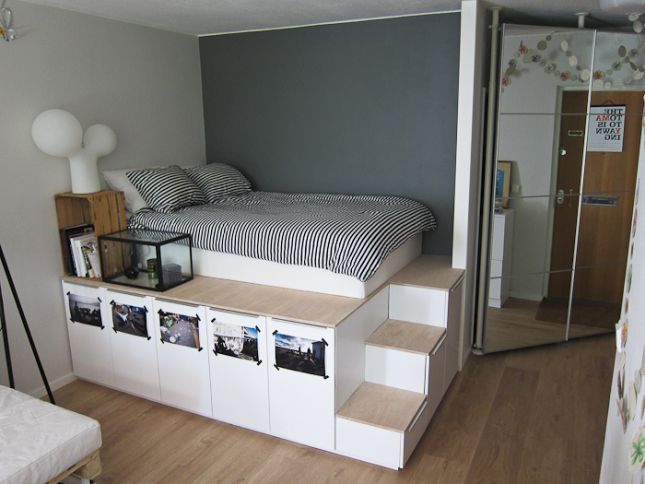 Elevated bed with lots of storage space More