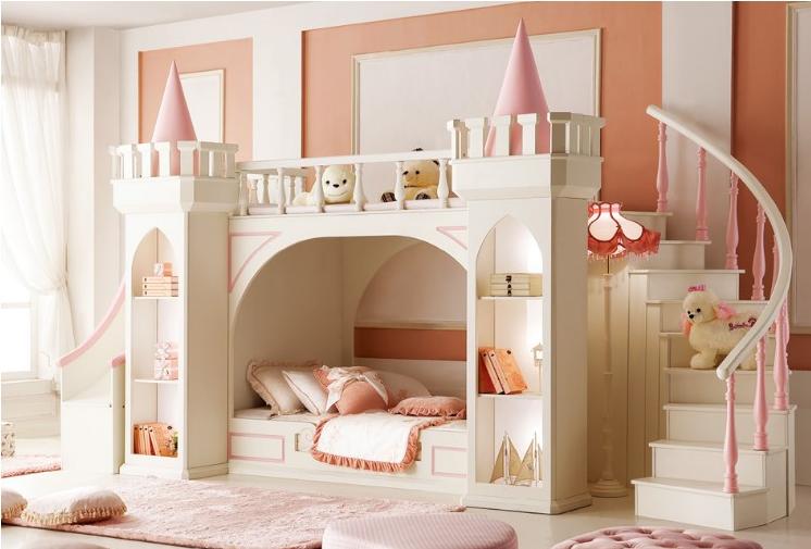 High end children's bedroom furniture girl princess castle bunk bed