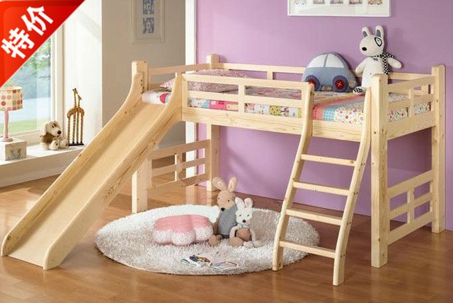 Cheap wood bed with slides for children and a half high guardrail