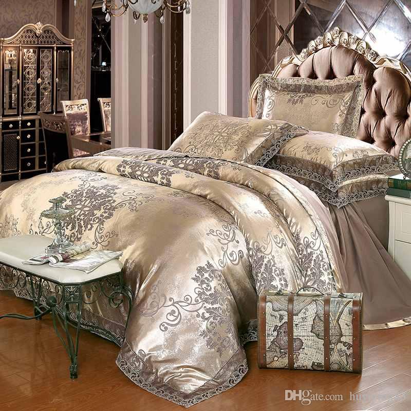 Gold Silver Coffee Jacquard Luxury Bedding Set Queen/King Size Stain Bed  Set 4/Cotton Silk Lace Duvet Cover Sets Bedsheet Home Textile Cheap  Comforters Sets