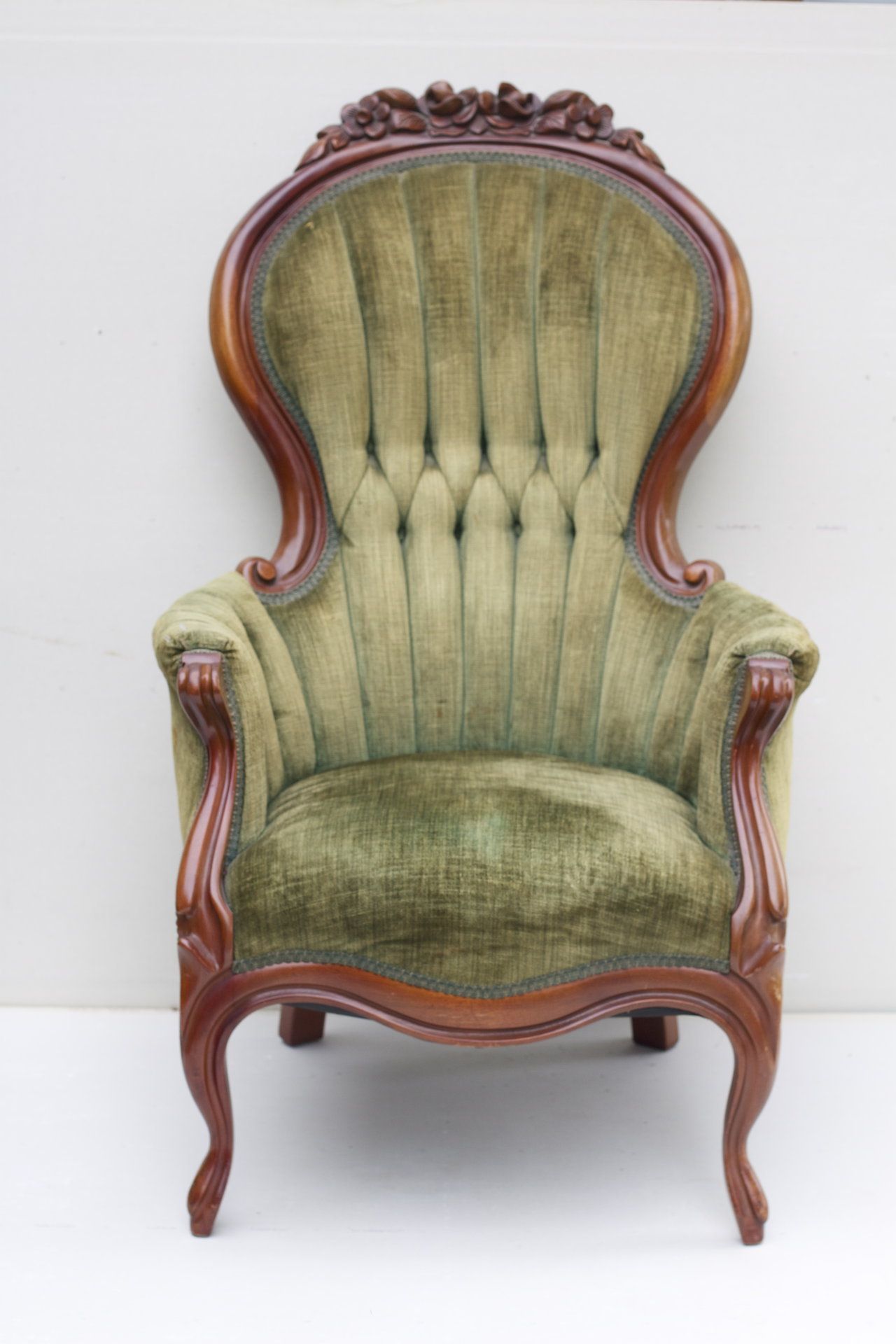Vintage Chair with tufted sage green chenille upholstery and cherry wood  frame. Description from Traveller Location. I searched for this on  Traveller Location/images