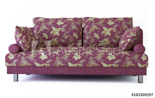 Fabric armchair sofa in a slightly primitive style. Upholstery material  with pattern