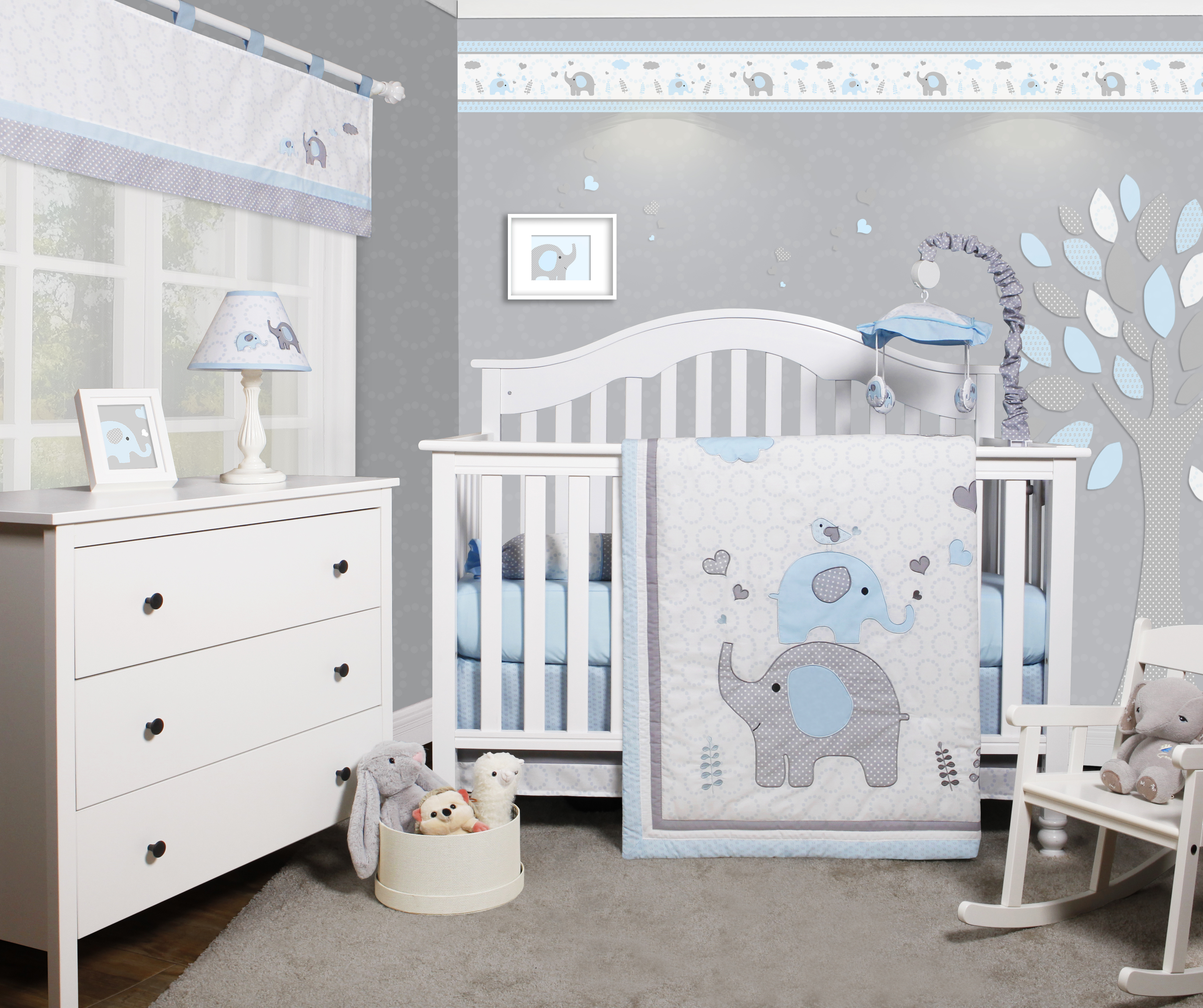 OptimaBaby Blue Grey Elephant 6 Piece Baby Nursery Crib Bedding Set -  Traveller Location