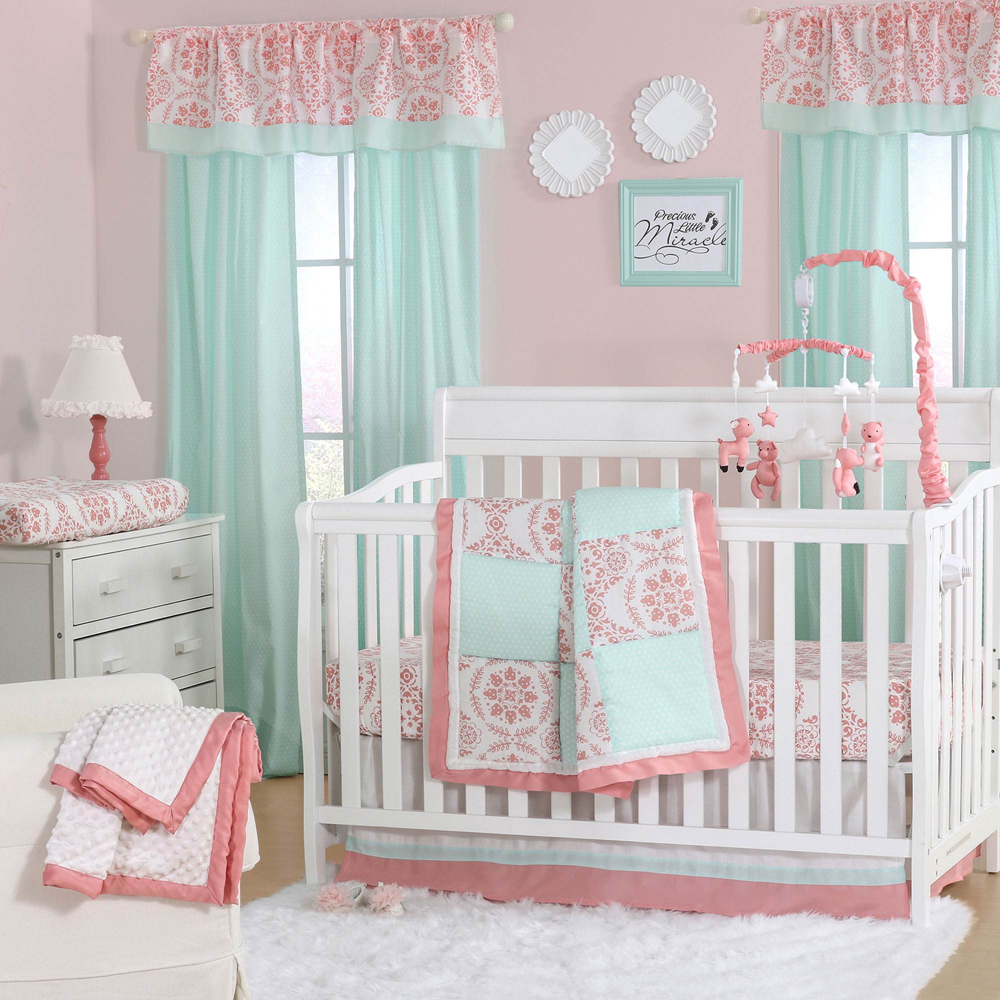 Details about Mint Green and Coral Patchwork 3 Piece Baby Crib Bedding Set  by The Peanut Shell