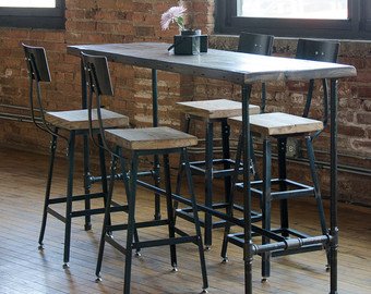 Industrial Bar Height or Counter Height Table made with reclaimed wood &  iron pipe legs. Custom orders welcome. Choose size, height, finish