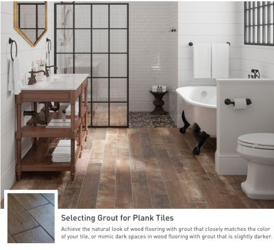 Achieve the natural look of wood flooring with grout that matches your  color tile. Bathroom