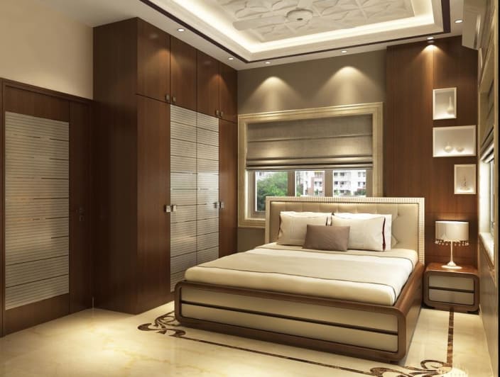 Modern bedroom with wooden designed wall and wardrobe