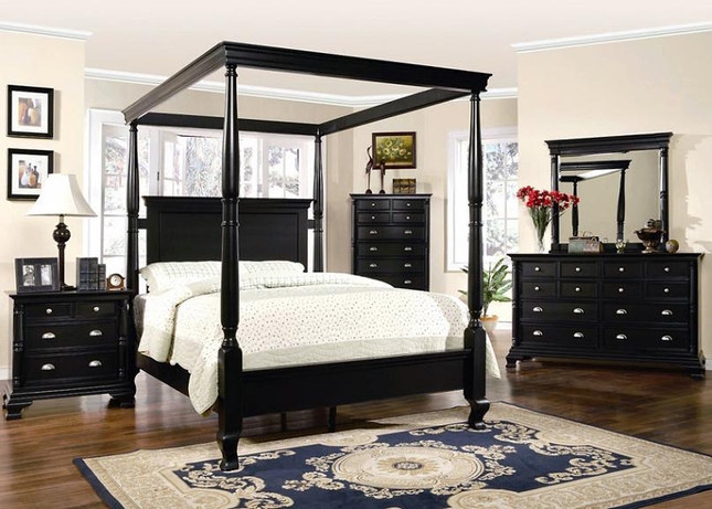 St Regis Canopy Bed Distressed Black Finish Bedroom Furniture Set
