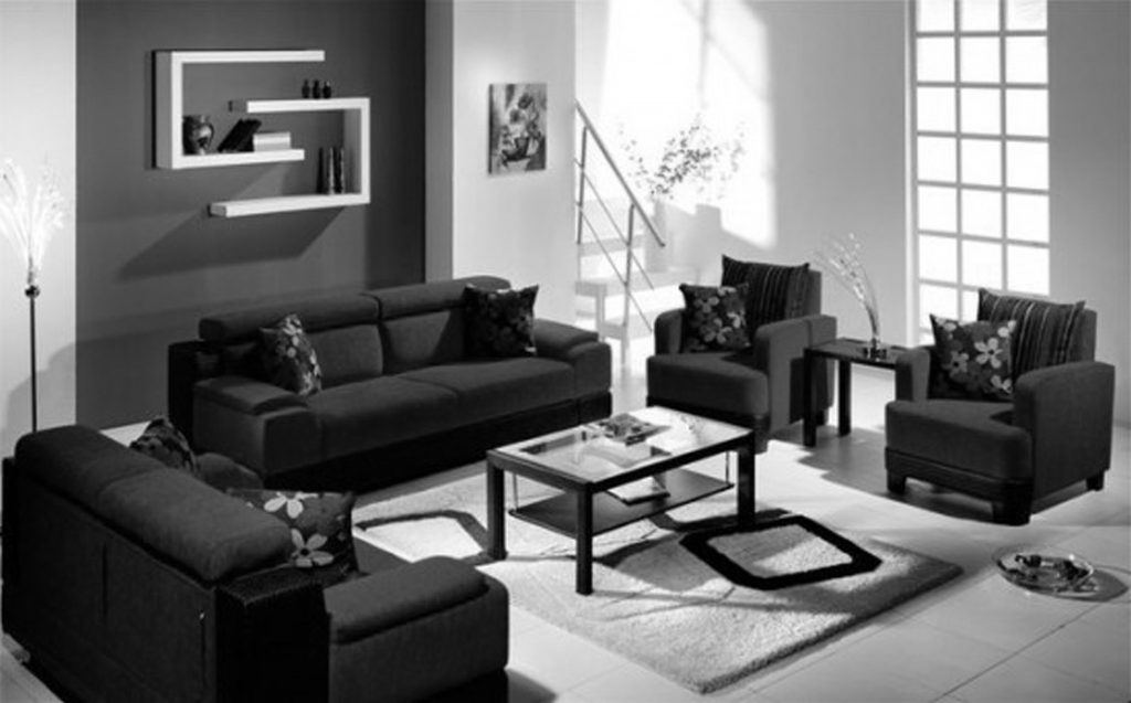 grey walls black furniture living room