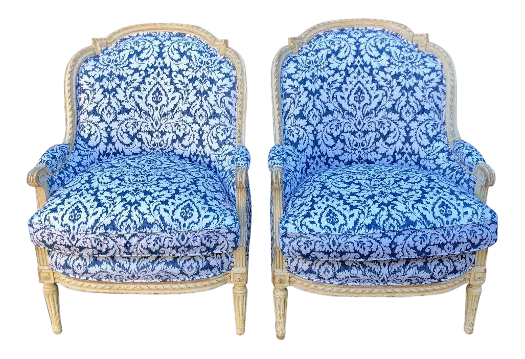 Pair of Antique French Louis XV Style Bergere Chairs W Blue & White Damask