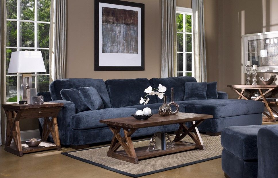 Elegant Living Room Style Using Exciting Navy Blue Sectional Sofa :  Outstanding Navy Blue Sectional Sofa White Windows Frames Wooden Coffee  Table Gray