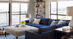 Brilliant Design of Living Room Applied Blue Sectional Sofa and Cream  Coffee Table add with Colorful .