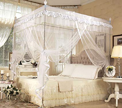 Nattey 4 Poster Corners Princess Bed Curtain Canopy Mosquito Netting  Canopies (Queen, White)