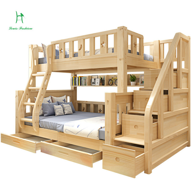 Louis Fashion Children Bunk Bed Real Pine Wood with Ladder Stair Drawers  Safe and Strong