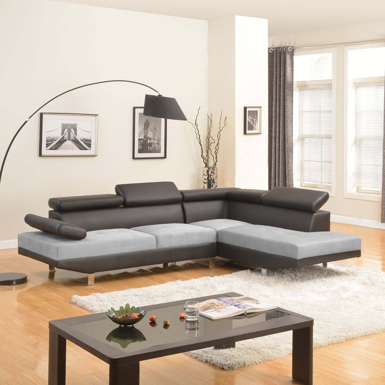 Traveller Location: Modern Contemporary Designed Two Tone Microfiber and Bonded Leather  Sectional Sofa (White/Grey) (Black / Grey): Kitchen & Dining
