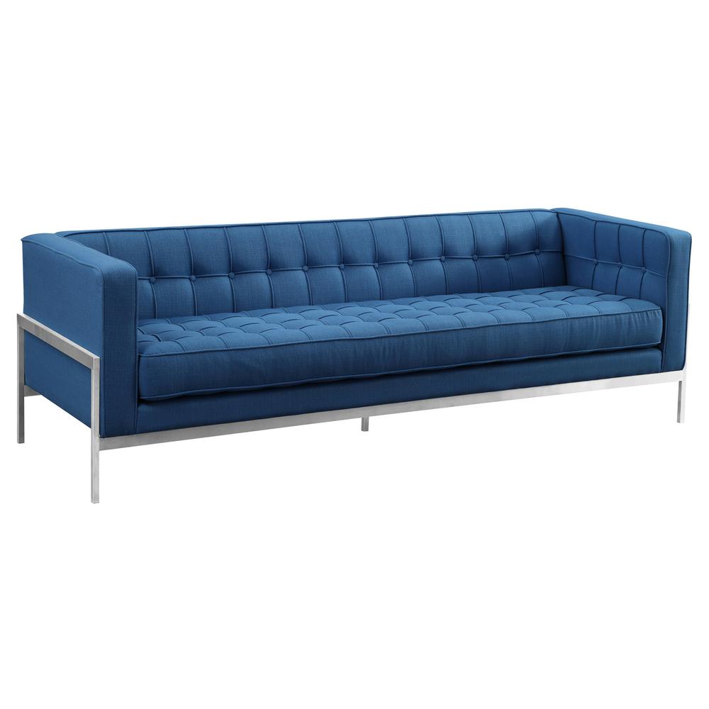 Andre Armen Living Blue Fabric Contemporary Sofa in Brushed Stainless Steel