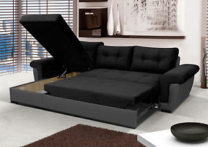 Image is loading NEW-Corner-Sofa-Bed-with-Storage-Black-Fabric-