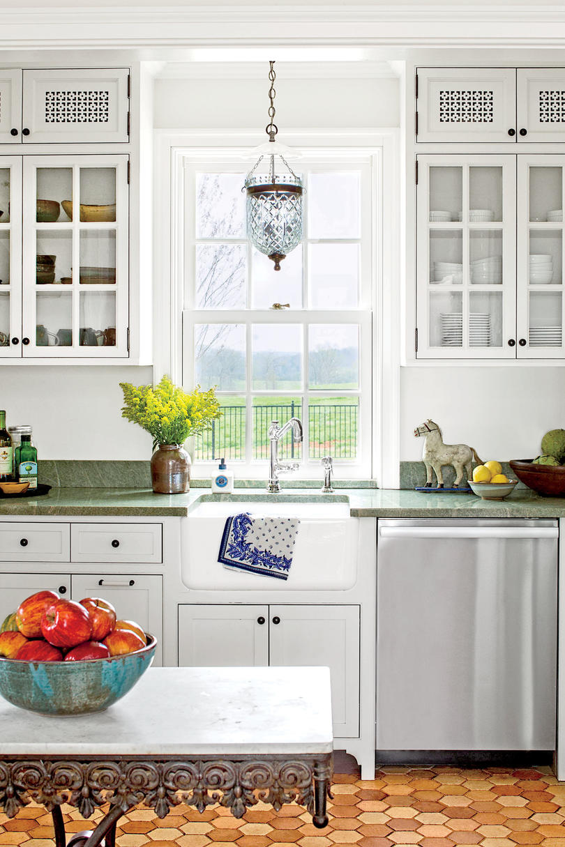 Classic White Kitchen with Green Countertops