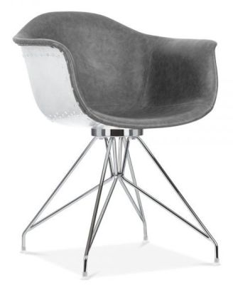 Memot Designer Chair With A Grey Leather Seat And Chrome Frame Front Angle