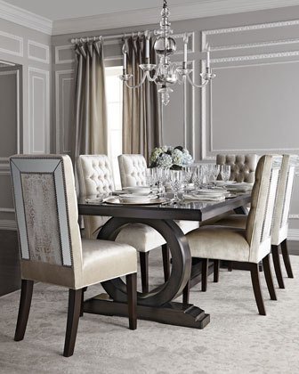 Brittney Mirrored Dining Chair & Alden Trestle Dining Table