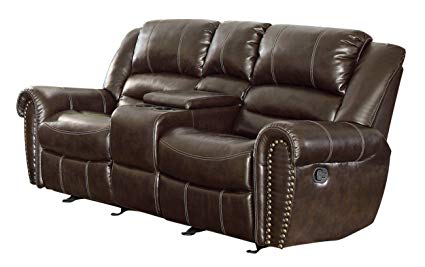 Homelegance 9668BRW-2 Double Glider Reclining Loveseat with Center Console  Bonded Leather, Brown