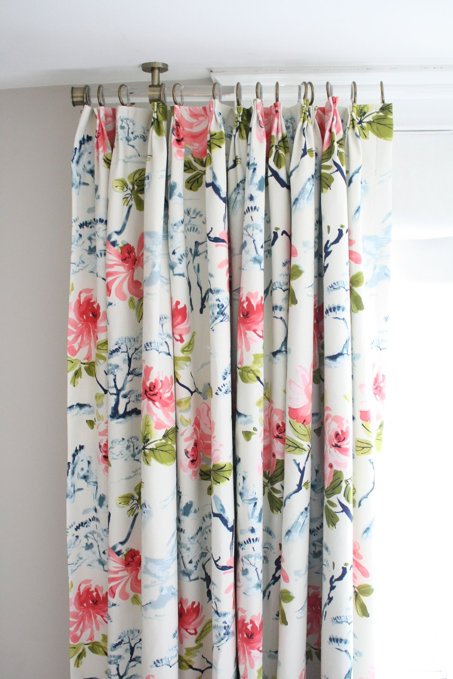 stunning floral curtains with pink peonies + indigo blue bonsai trees made  by www.Traveller Location (click for more info)