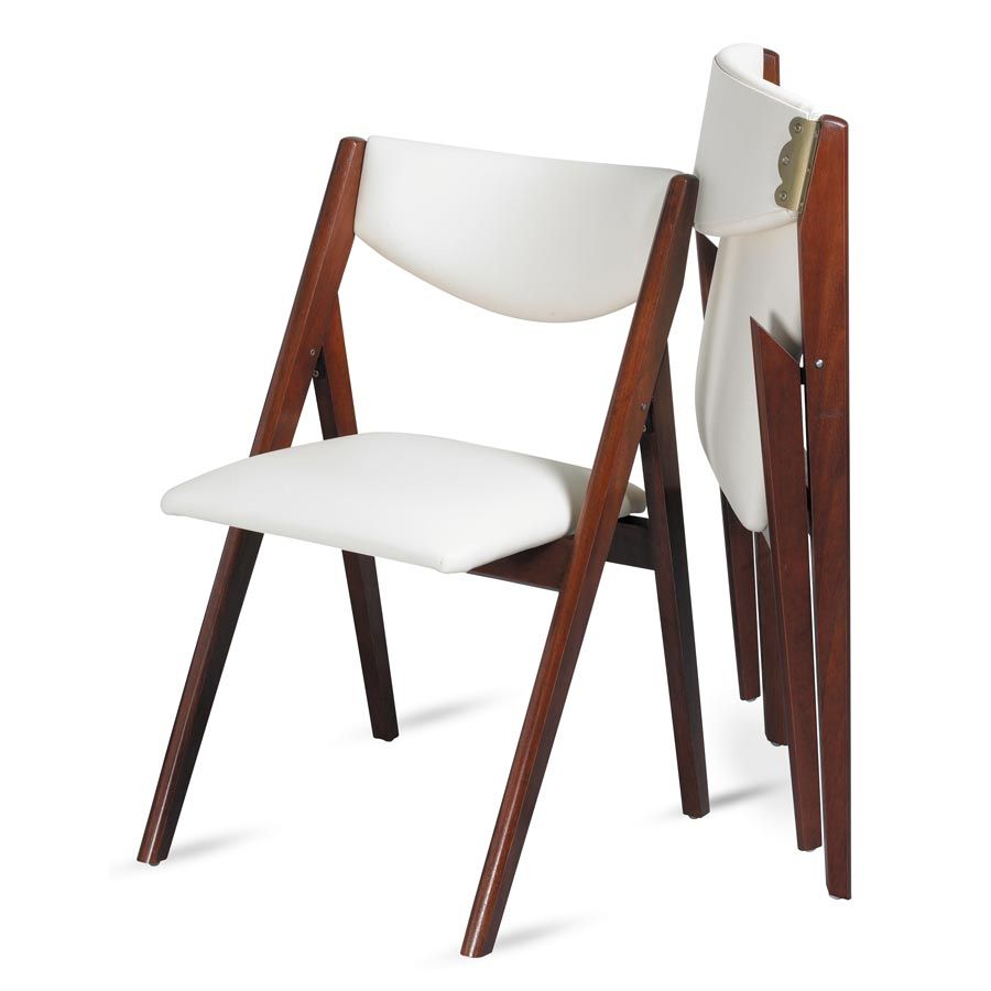 Oooh, look at this modern take on a folding dining chair! A-frame design  upholstered in off-white (easy wipe clean) vinyl. Sleek and stylish, not  fussy.