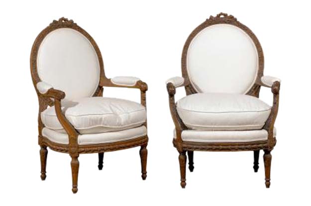 ON HOLD - Pair of French Louis XVI Style Upholstered Armchairs from the  Early 19th Century