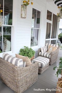 weathered wicker and grey/white stripes. Ballard House front porch  #outsidefurniture House Front