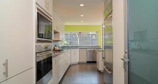 Contemporary Galley Kitchen with Bright Accent Wall