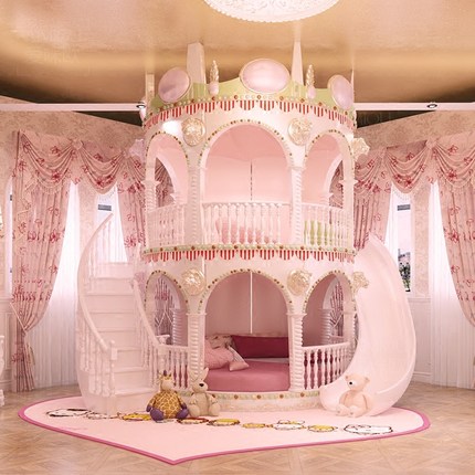 Bedroom Princess Girl Slide Children Bed , Lovely Single Pink Castle