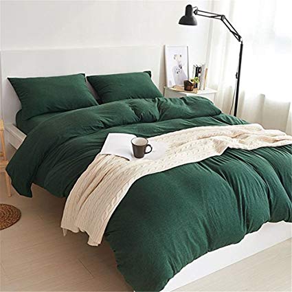 YAMFEI Luxury Jersey Cotton Solid Emerald Green Duvet Cover Set Queen Size  3 Pieces Bedding Comforter