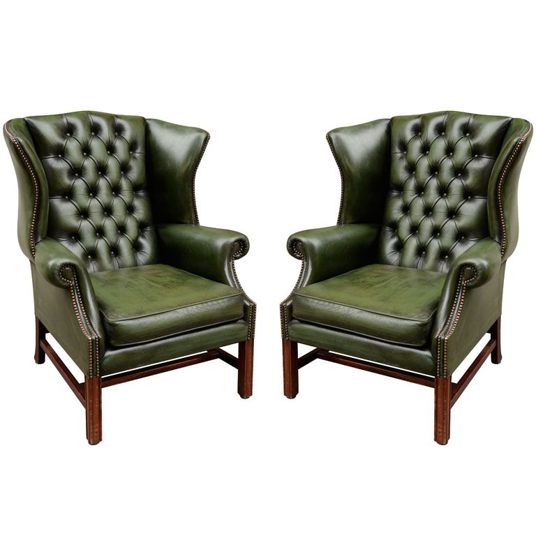 Pair of English Green Leather Wingback Chairs. two wordsGREEN. LEATHER.