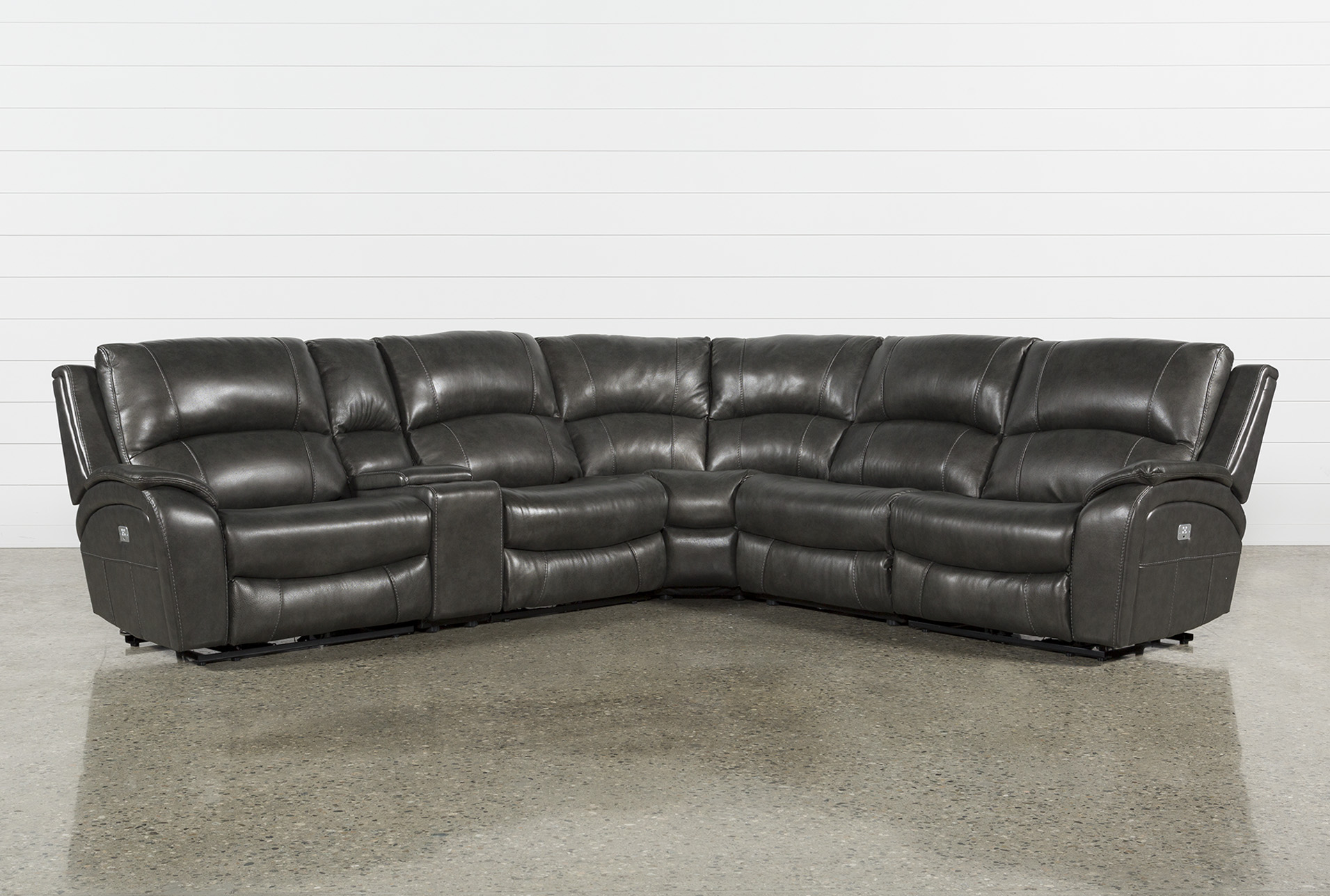 Travis Dk Grey Leather 6 Piece Power Reclining Sectional W/Pwr Hdrst & Usb  | Living Spaces