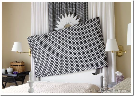 How to make an easy padded headboard that slips over headboard like pillow  case. Use tension rod between posts.